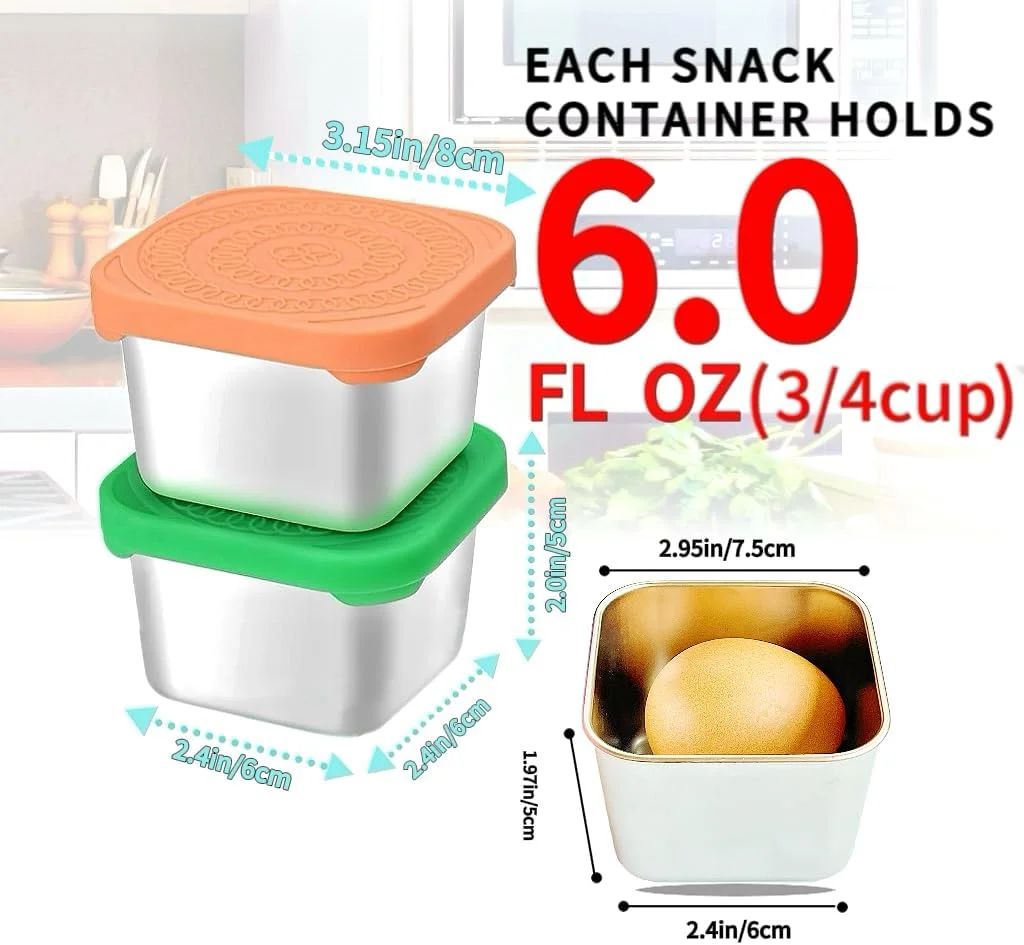 HTEVW - بسته 6 عددی ظروف استیل ضد زنگ 170 گرمی کودکانه، باز شدن آسان، ظروف فلزی ضد نشت برای تنقلات با درب سیلیکونی، جعبه ناهار قابل چیدن