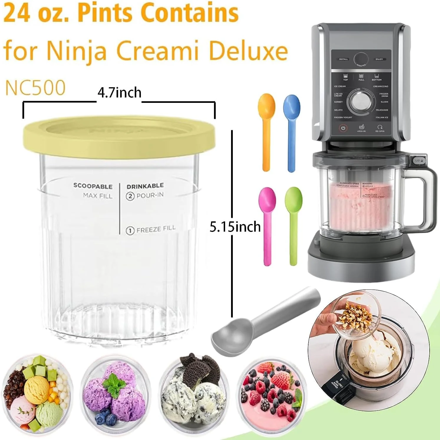 مجموعه ۴ عددی پیمانه و درب Creami برای نینجا، مناسب برای NC501 NC500، ظروف، فنجان، شیشه، وان، قوطی بستنی Creamy، ظرف اسموتی سازگار با سری NC501 NC500 دستگاه بستنی ساز Creamer.