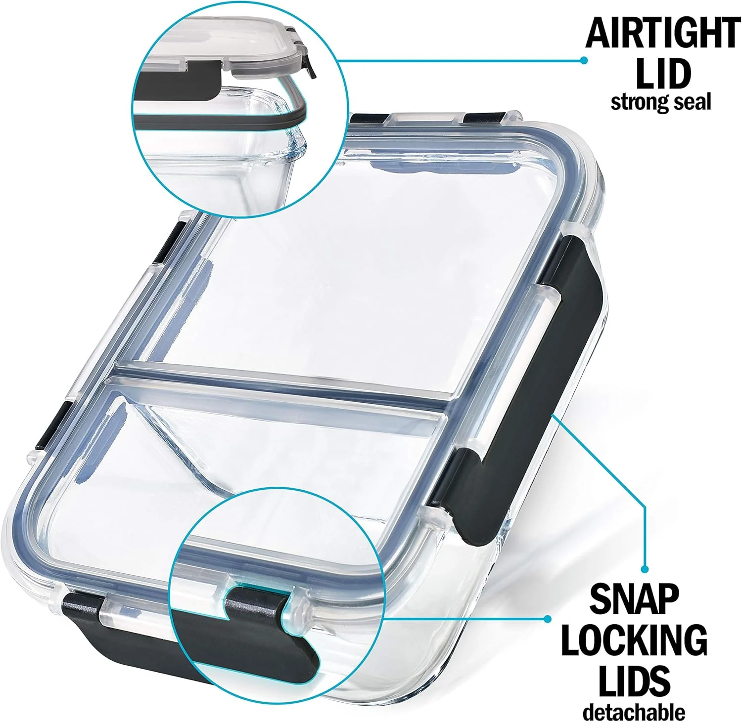 ظروف شیشه ای آماده سازی غذا Igluu با درب های محکم SnapLock، بسته 3 عددی، 2 محفظه، 980 میلی لیتر، ظروف آماده سازی غذا بدون BPA، قابل استفاده مجدد - شیشه بوروسیلیکات، ایمن برای فر