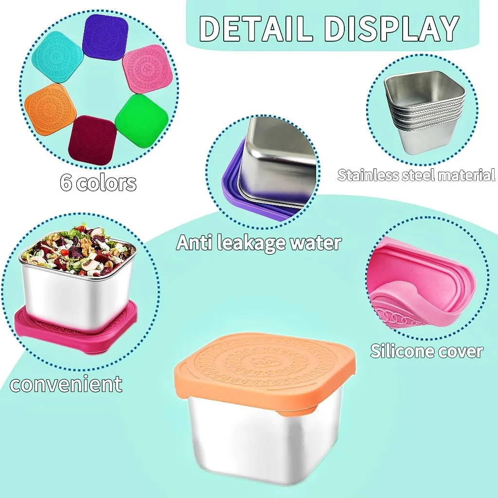 HTEVW - بسته 6 عددی ظروف استیل ضد زنگ 170 گرمی کودکانه، باز شدن آسان، ظروف فلزی ضد نشت برای تنقلات با درب سیلیکونی، جعبه ناهار قابل چیدن