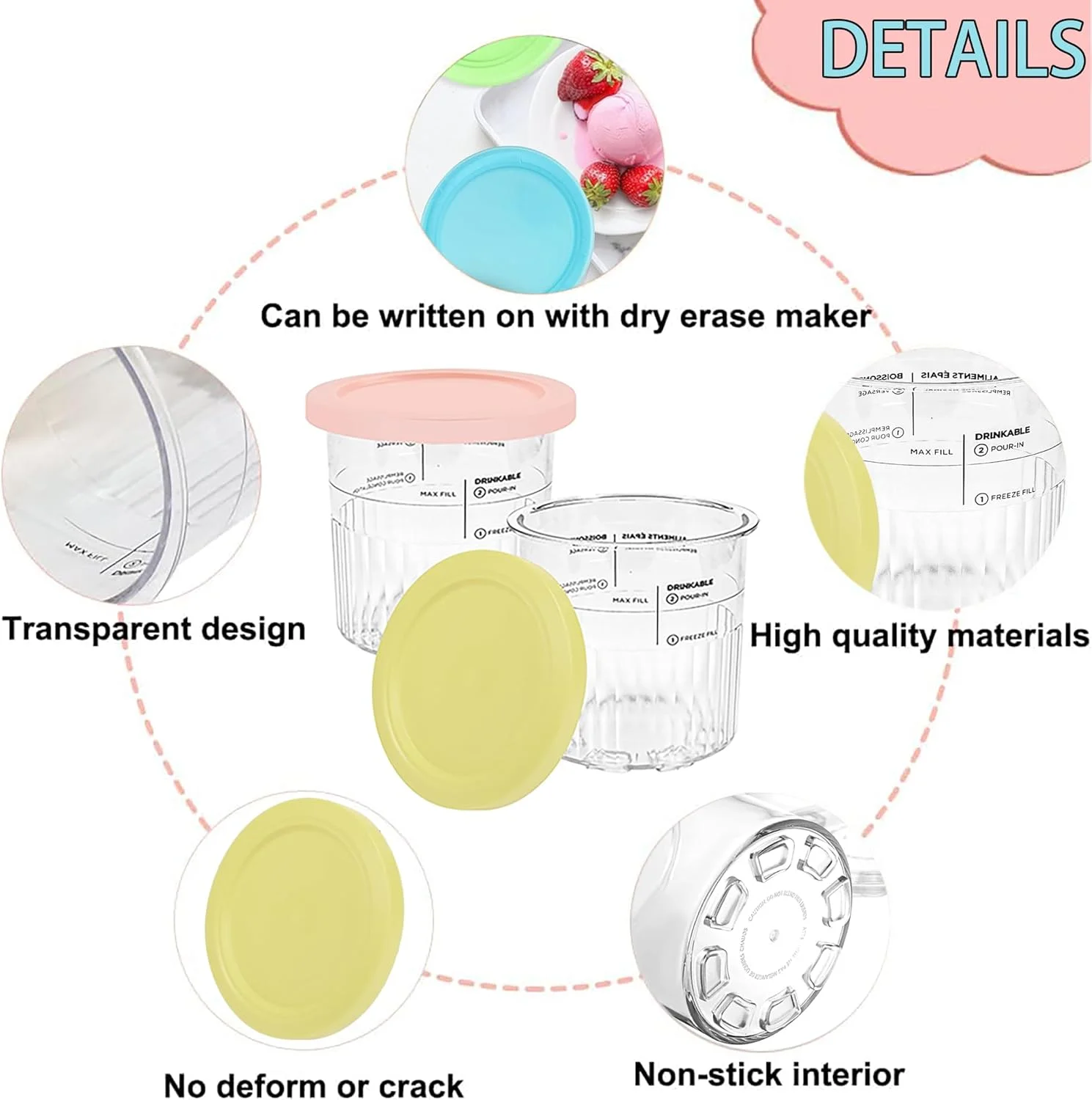 مجموعه ۴ عددی پیمانه و درب Creami برای نینجا، مناسب برای NC501 NC500، ظروف، فنجان، شیشه، وان، قوطی بستنی Creamy، ظرف اسموتی سازگار با سری NC501 NC500 دستگاه بستنی ساز Creamer.