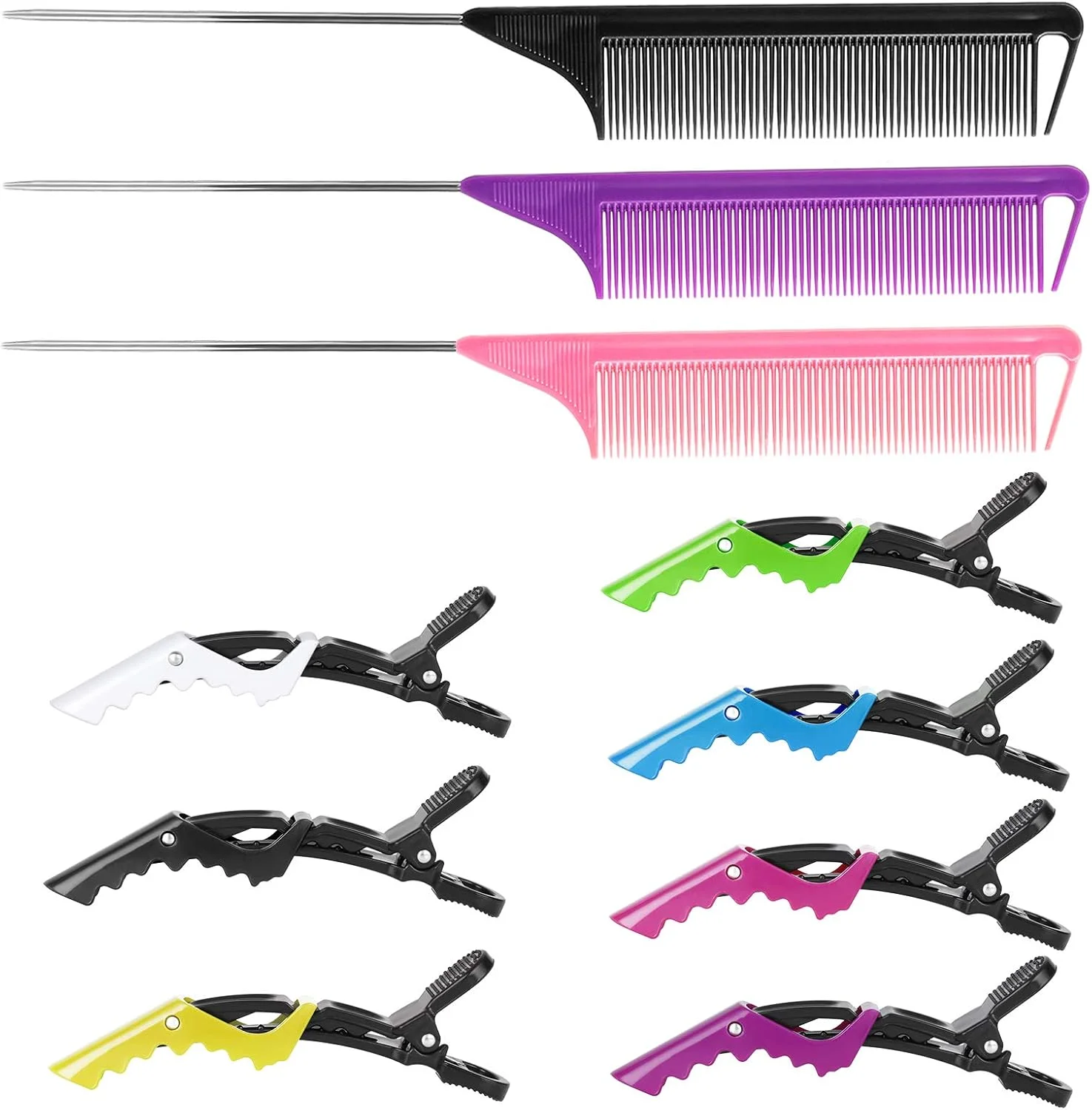 شانه دم موشی و جداکننده مو به همراه گیره های حالت دهنده: 3 شانه فلزی پوش دهنده مو برای بافت مو، 7 گیره حرفه ای تقسیم کننده مو