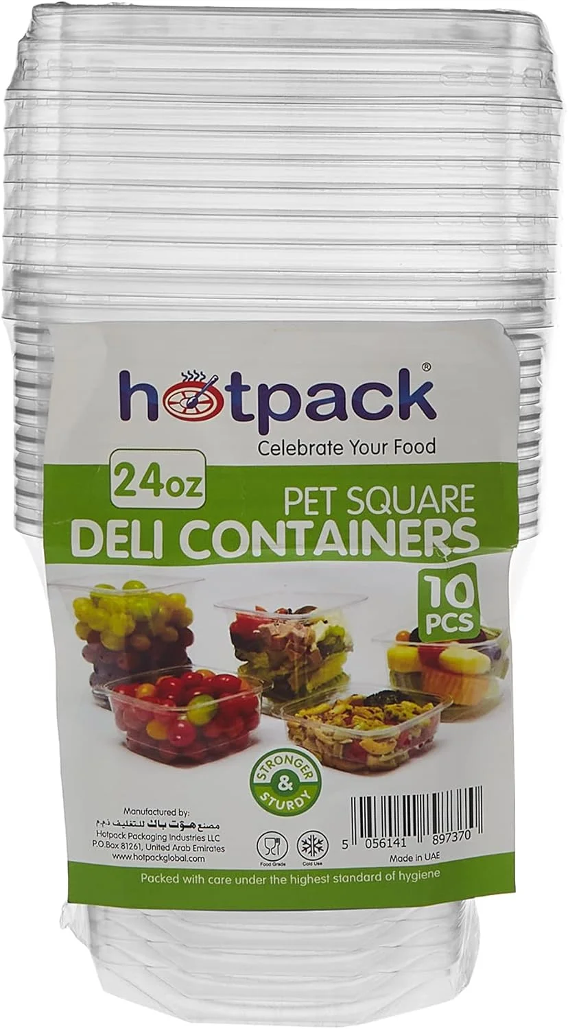 ظرف مربع شکل شفاف 24 اونسی Hotpack، مناسب نگهداری مواد غذایی و دلی، همراه با درب، 10 عدد
