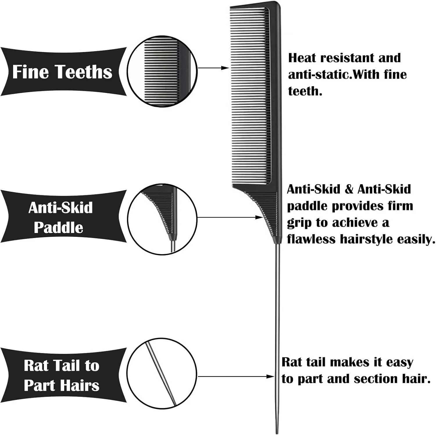 شانه دم موشی، شانه حالت دهی کربنی با دسته استیل ضد زنگ، شانه های حرفه ای ضد الکتریسیته ساکن، شانه های دندانه ریز آرایشگری مقاوم در برابر حرارت برای زنان و مردان، 2 عدد