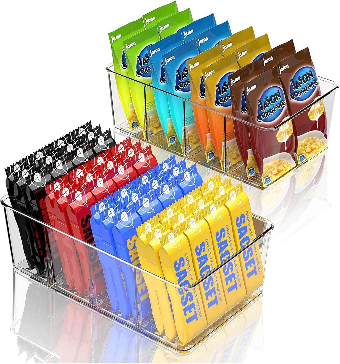 نظم دهنده یخچال KASTWAVE، بسته 2 عددی سطل های نظم دهنده تنقلات، جعبه نگهداری قابل انباشت با جداکننده قابل جابجایی، محفظه سازماندهی کشویی شفاف و کاربردی برای یخچال و کابینت آشپزخانه، بدون BPA