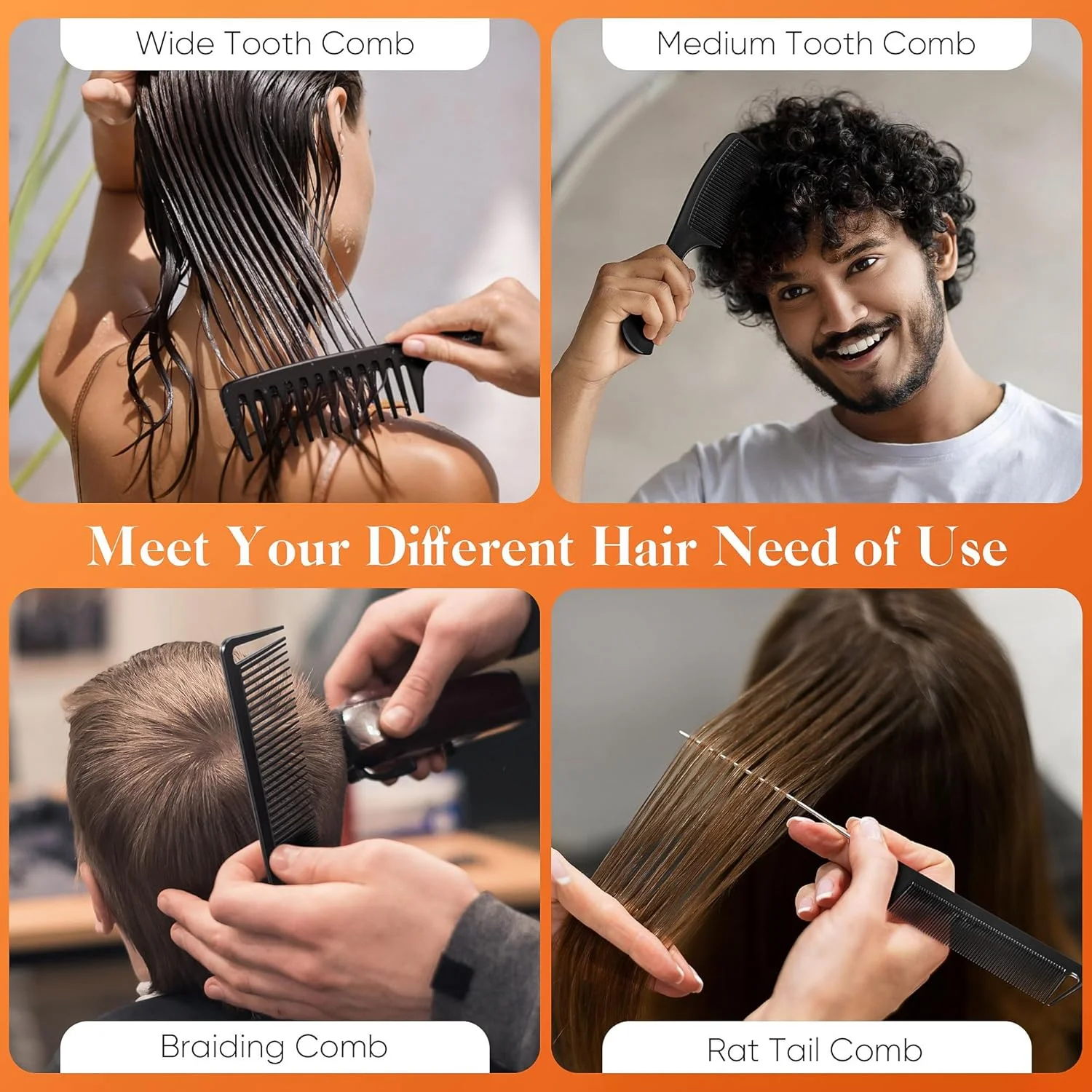 ست شانه حرفه ای 4 عددی سالن سیلک، شامل شانه دندانه پهن، شانه دم موشی، شانه دندانه ریز، ست شانه های حالت دهی آرایشگری برای آقایان و بانوان، شانه های بافت و کوتاهی مو