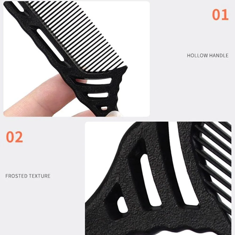 ابزار آرایشگری و رنگ مو شامل شانه دم باریک، شانه دندانه ریز، شانه موی دم موشی و تریمر لبه مو (سبز)