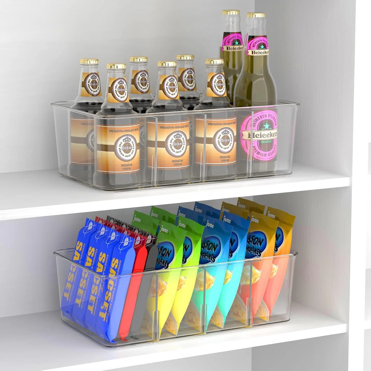 نظم دهنده یخچال KASTWAVE، بسته 2 عددی سطل های نظم دهنده تنقلات، جعبه نگهداری قابل انباشت با جداکننده قابل جابجایی، محفظه سازماندهی کشویی شفاف و کاربردی برای یخچال و کابینت آشپزخانه، بدون BPA