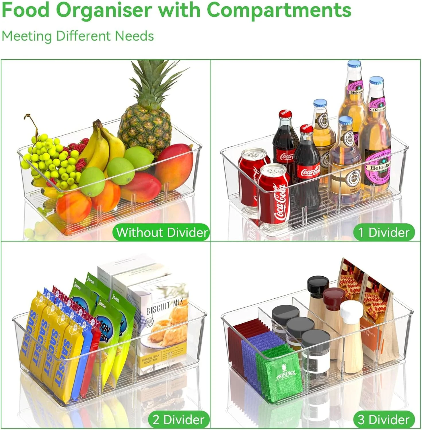 نظم دهنده یخچال KASTWAVE، بسته 2 عددی سطل های نظم دهنده تنقلات، جعبه نگهداری قابل انباشت با جداکننده قابل جابجایی، محفظه سازماندهی کشویی شفاف و کاربردی برای یخچال و کابینت آشپزخانه، بدون BPA