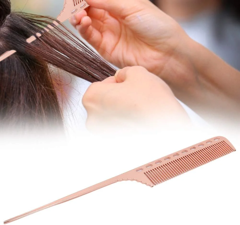 شانه حالت دهنده مو شانه فلزی آلومینیومی شانه دم باریک ابزار آرایشگاهی شانه آرایشگاه ابزار آرایشگری شانه آرایشگر شانه موی صاف استفاده حرفه ای استفاده شخصی مردانه زنانه (رزگلد)