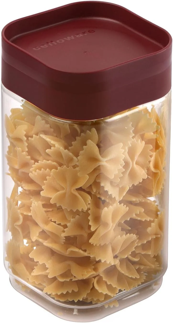 ظروف مربعی استک مودستک CELLO (۱۶۰۰ میلی لیتر)، زرشکی | قابل چیدن روی هم برای نگهداری حبوبات، ادویه جات، غلات، کلوچه، میوه های خشک | ظرف نگهداری در یخچال