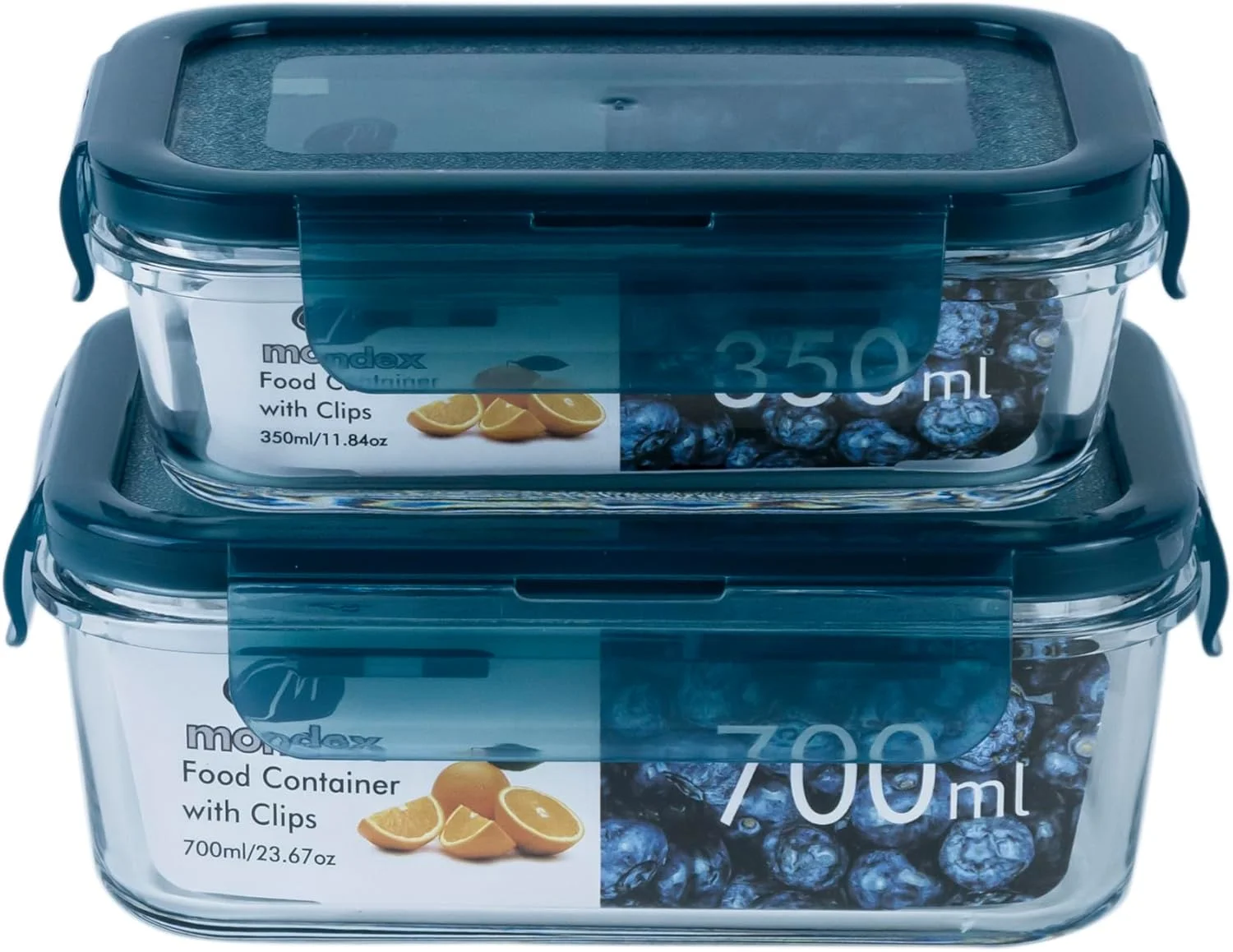 ماندکس، ست 2 عددی ظرف نگهدارنده غذا مستطیلی پیرکس بوروسیلیکات با درب آبی، 350 و 700 میلی لیتر