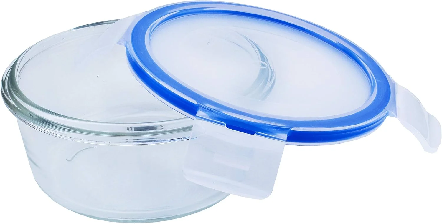 ظرف نگهداری غذای شیشه ای گرد Mondex با درب آبی 1000 میلی لیتر مدل cmn0093