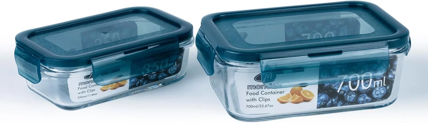 ماندکس، ست 2 عددی ظرف نگهدارنده غذا مستطیلی پیرکس بوروسیلیکات با درب آبی، 350 و 700 میلی لیتر ماندکس، ست 2 عددی ظرف نگهدارنده غذا مستطیلی پیرکس بوروسیلیکات با درب آبی، 350 و 700 میلی لیتر