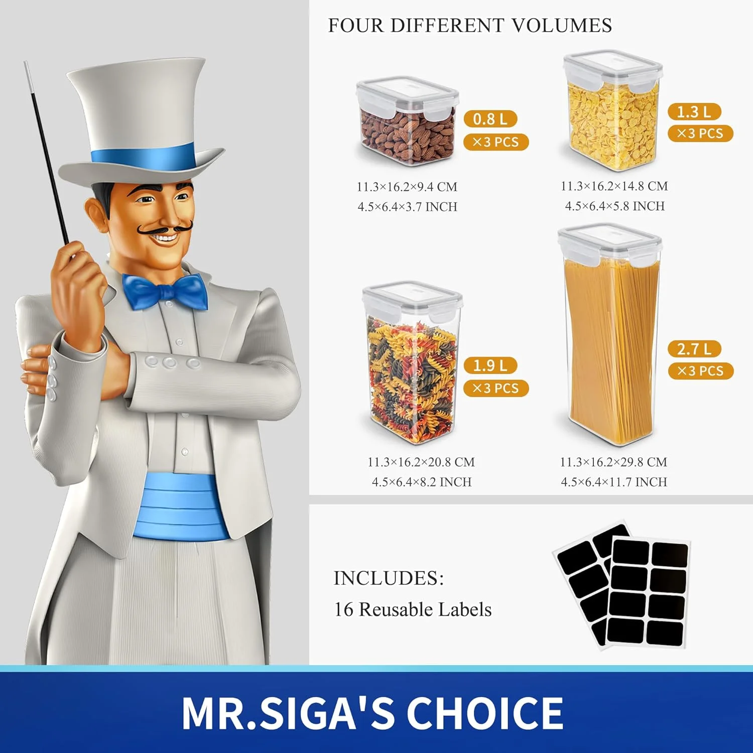 مجموعه 12 عددی ظروف نگهداری مواد غذایی MR.SIGA، سازمان دهنده آشپزخانه بدون BPA، ظروف آشپزخانه برای غلات، اسپاگتی، شامل 16 برچسب استیکر قابل استفاده مجدد