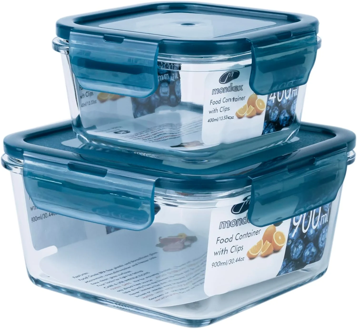ظرف نگهداری غذا مربع پیرکس Mondex، دو عددی، 400 و 900 میلی لیتر، همراه با درب آبی