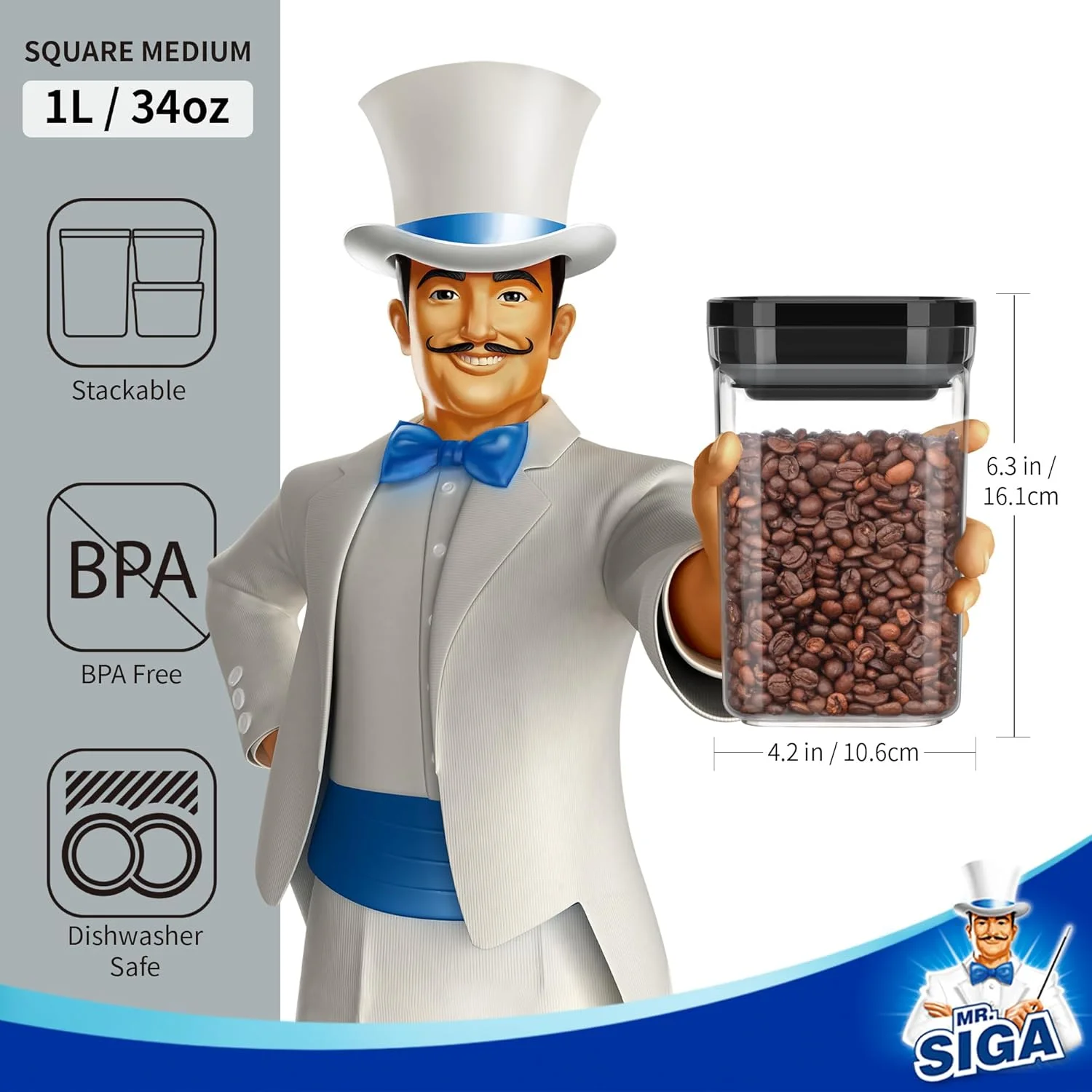 مجموعه 4 عددی ظروف نگهداری مواد غذایی درب دار MR.SIGA، ظروف سازماندهی آشپزخانه و کابینت، ظروف نگهداری غلات، تنقلات و شیرینی جات درب دار با یک دست، 1 لیتر / 34 اونس، متوسط، مشکی