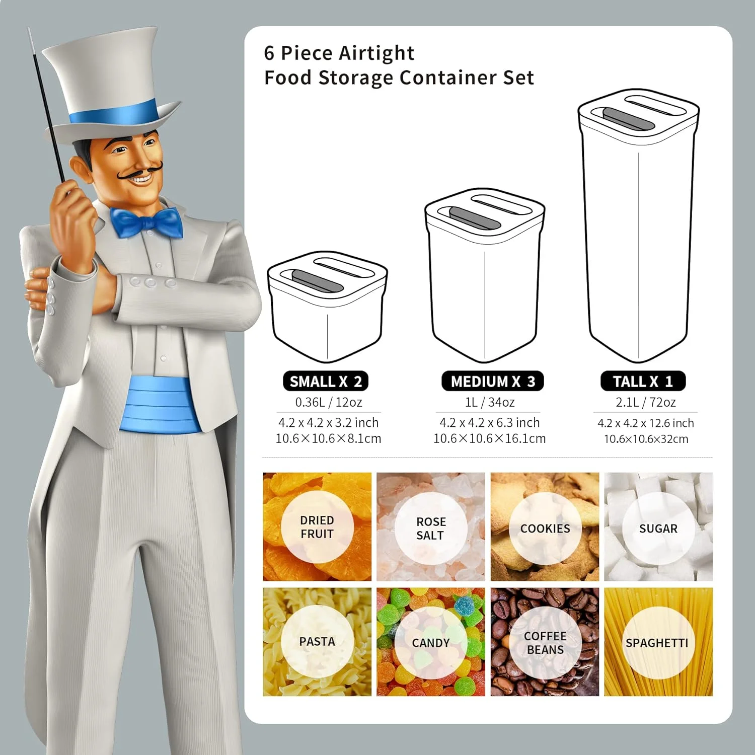 ست 6 تکه ظروف نگهداری مواد غذایی MR.SIGA، ظروف سازماندهی آشپزخانه بدون BPA، ظروف نگهداری آشپزخانه یک دستی برای غلات، اسپاگتی، پاستا، سفید