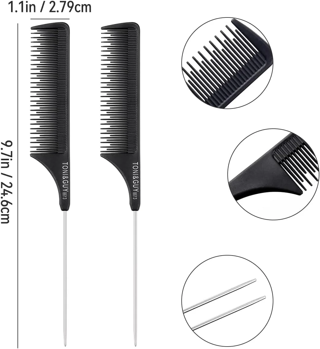 شانه دم موشی Tenalleys، بسته 2 عددی، شانه پوش دهنده مشکی برای تقسیم بندی، جدا کردن و حالت دادن به مو (دم فلزی استیل)