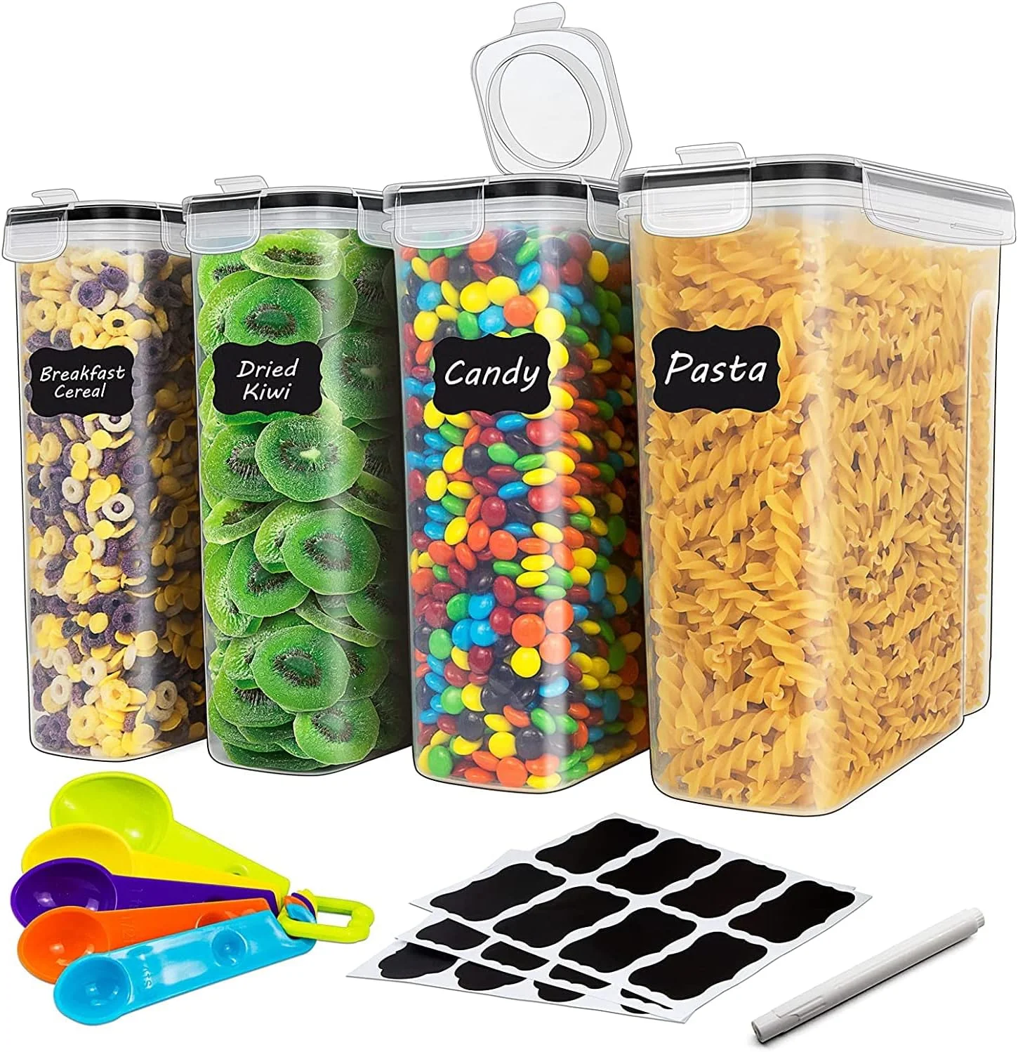 ست ظروف نگهداری غلات بزرگ MIXDE برای انبار، 4 عدد ظرف 4 لیتری/135 اونسی نگهداری مواد غذایی درب دار، ظروف پلاستیکی بدون BPA با درب برای شکر، آرد، تنقلات، شامل برچسب و قاشق، مشکی