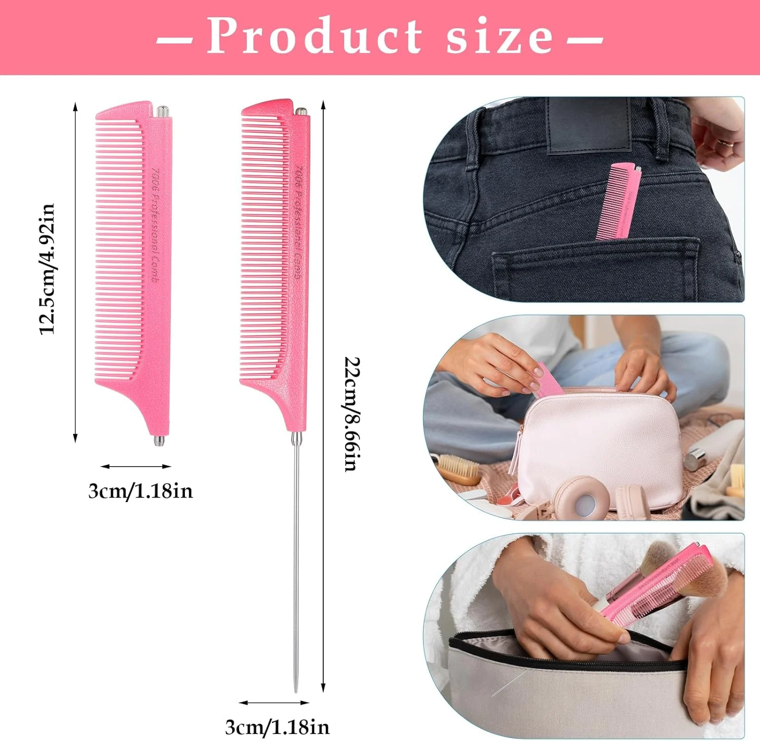 بسته 2 عددی شانه دم موشی دسته تلسکوپی Tucnoeu، شانه مویی صورتی آرایشگری ساخته شده از استیل ضد زنگ، شانه دم موشی ضد الکتریسیته ساکن با دسته، مناسب برای بافت موی زنان