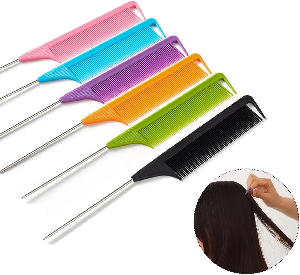 مجموعه 6 عددی شانه دم باریک TSUOUKL، شانه مو 22 سانتی متری، شانه دم موشی آرایشگری با پین استیل ضد زنگ، شانه فر کننده مو، شانه ضد الکتریسیته ساکن، شانه بافت مو برای مردان و زنان