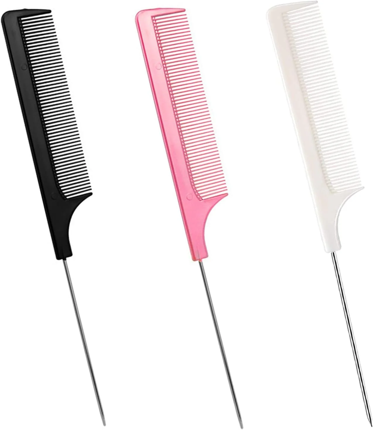 شانه موی دم موشی TCPENG، 3 عدد، شانه حالت دهنده دم موشی، ضد الکتریسیته ساکن، مقاوم در برابر حرارت، شانه آرایشگری با دسته استیل ضد زنگ، شانه دندانه ریز برای برش مو، مناسب برای زنان، مردان و آرایشگران (صورتی+سفید+مشکی)