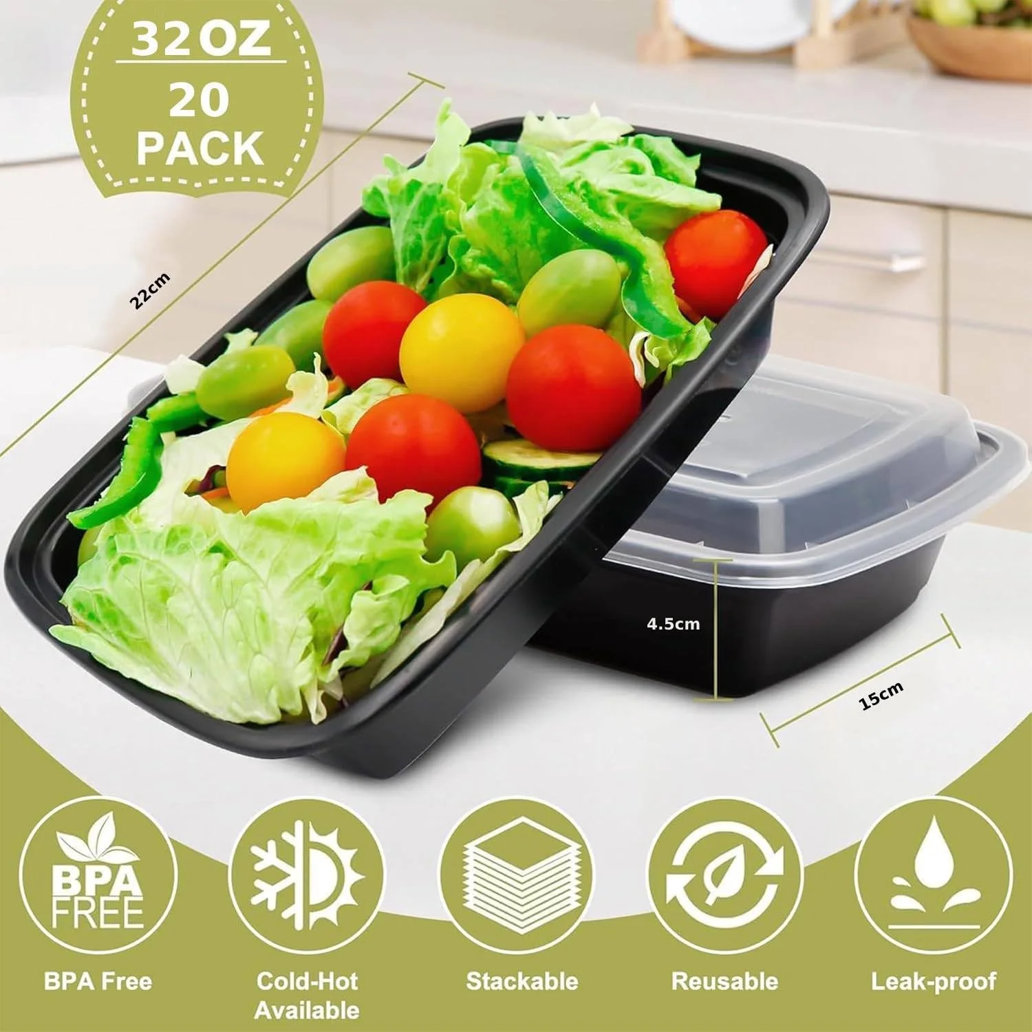 مومنت [بسته 20 عددی] | ظروف آماده سازی غذا 32 اونسی با درب | ظروف نگهداری مواد غذایی پلاستیکی تک قسمتی | ظرف غذا | جعبه ناهار برای بزرگسالان [22x15x4.5 سانتی متر]