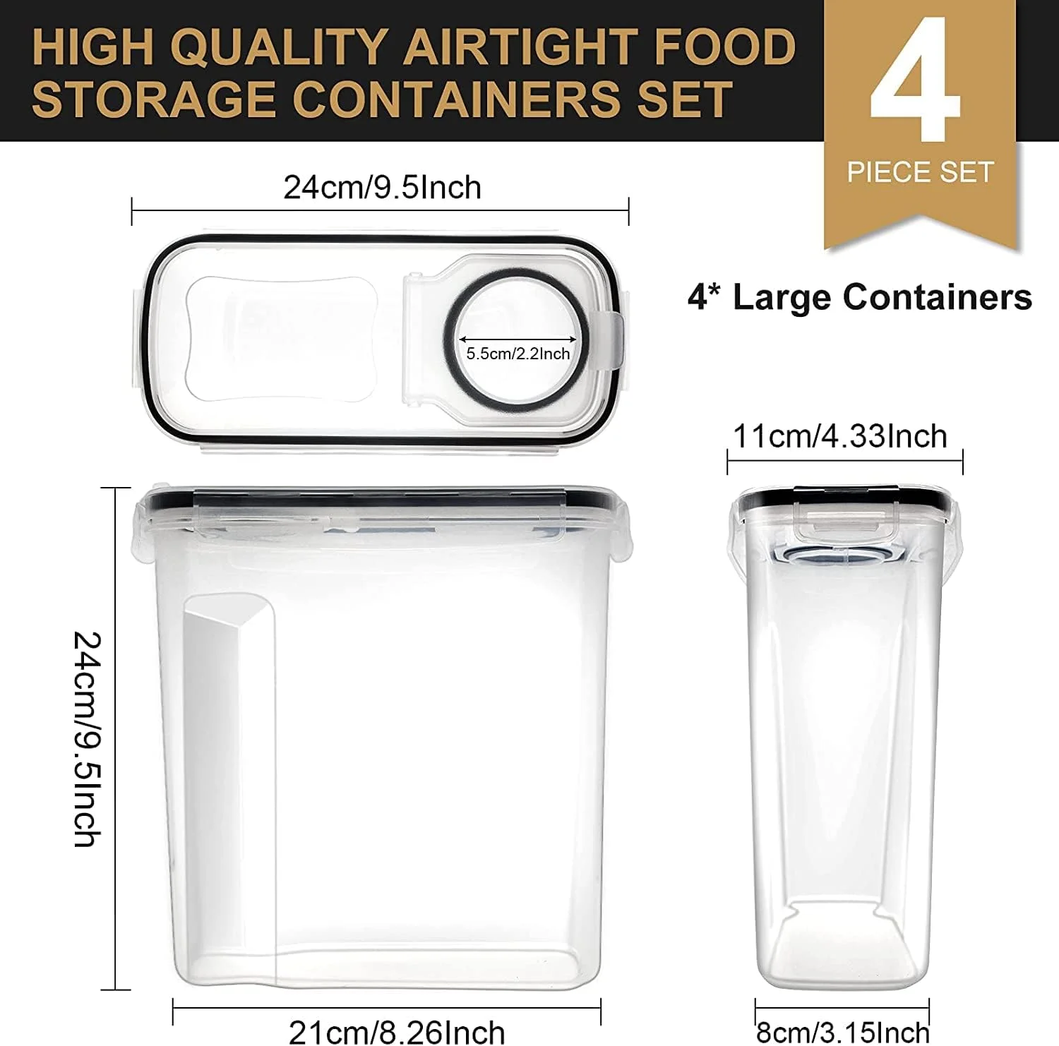 ست ظروف نگهداری غلات بزرگ MIXDE برای انبار، 4 عدد ظرف 4 لیتری/135 اونسی نگهداری مواد غذایی درب دار، ظروف پلاستیکی بدون BPA با درب برای شکر، آرد، تنقلات، شامل برچسب و قاشق، مشکی