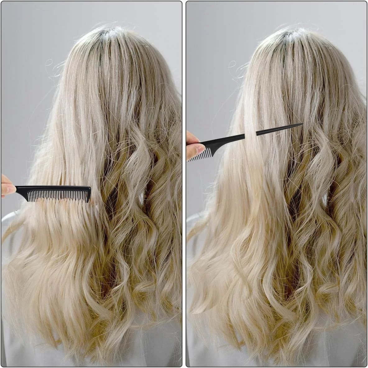 شانه دم موشی Tenalleys بسته 2 عددی برای حجم دهی ریشه مو، شانه پوش دهی دندانه ریز مشکی برای تقسیم بندی، جدا کردن و حالت دادن به مو