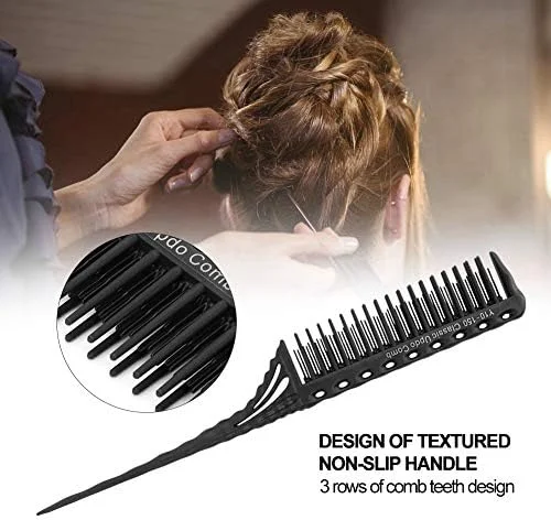 شانه پوش دهنده مو - شانه دم باریک با 3 ردیف دندانه برای حجم دهی و حالت دهی دقیق (مشکی)
