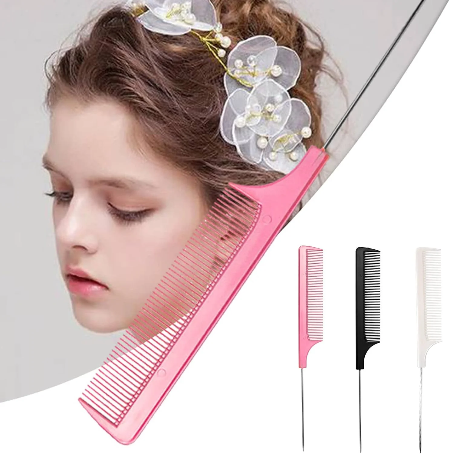 شانه موی دم موشی TCPENG، 3 عدد، شانه حالت دهنده دم موشی، ضد الکتریسیته ساکن، مقاوم در برابر حرارت، شانه آرایشگری با دسته استیل ضد زنگ، شانه دندانه ریز برای برش مو، مناسب برای زنان، مردان و آرایشگران (صورتی+سفید+مشکی)