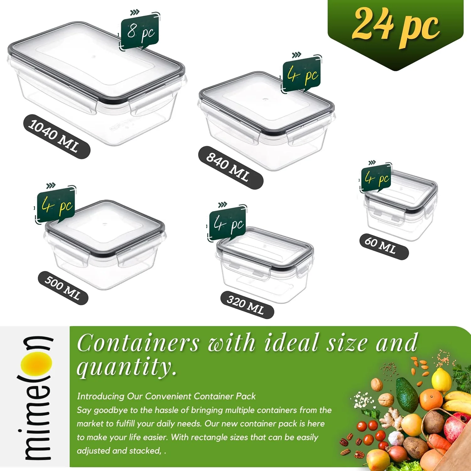 ظروف نگهداری مواد غذایی درب دار 48 عددی میملون (24 ظرف غذا و 24 درب) ظروف پلاستیکی آماده سازی غذا، سازمان دهنده و نگهداری آشپزخانه قابل استفاده مجدد، ظروف ناهار 100٪ ضد نشت