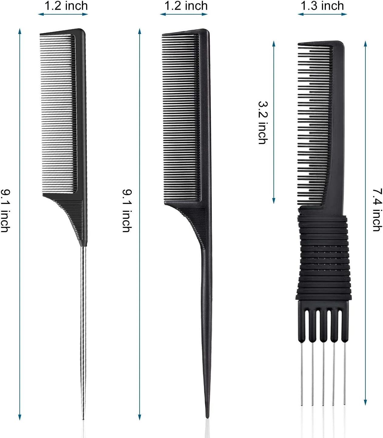 مجموعه 3 عددی شانه پوش دهنده مو Leinuosen مشکی کربنی با دندانه فلزی، شانه های پوش دهنده سالنی، شانه کربنی مشکی با دندانه استیل (مدل H)