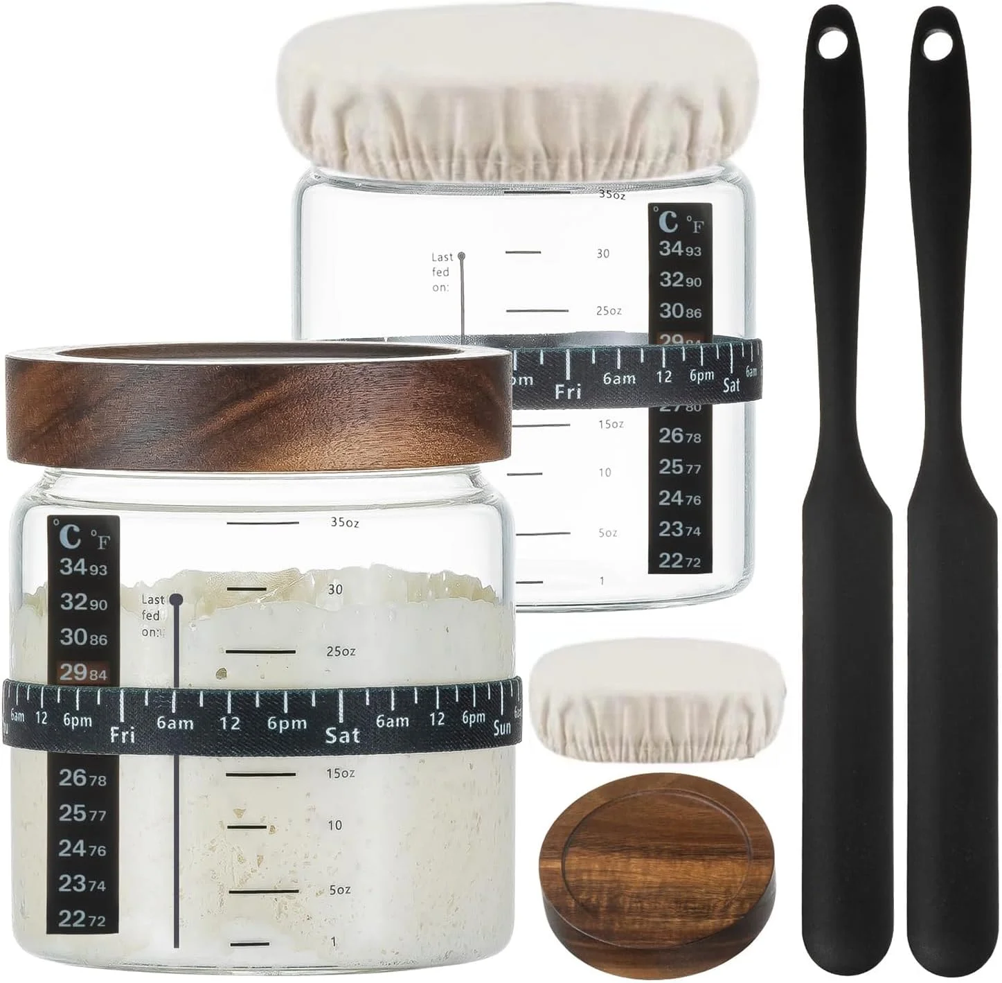 ظرف استارتر خمیر ترش Masroo، بسته 2 عددی، 1000 میلی لیتری، دارای خط اندازه گیری اونس، نوار تغذیه با علامت تاریخ، دماسنج، کاردک ظرف خمیر ترش، روکش پارچه ای و درب چوبی، دهانه گشاد برای پخت نان خمیر ترش