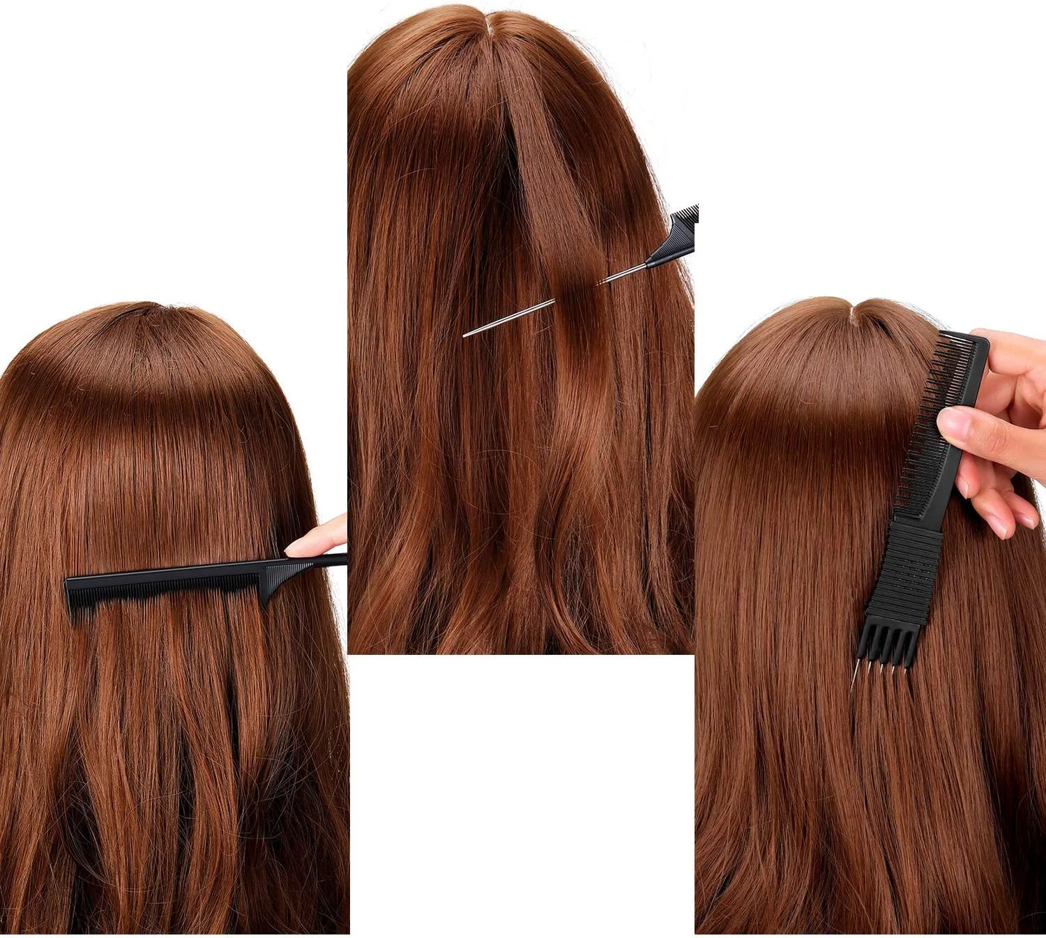 مجموعه 3 عددی شانه پوش دهنده مو Leinuosen مشکی کربنی با دندانه فلزی، شانه های پوش دهنده سالنی، شانه کربنی مشکی با دندانه استیل (مدل H)