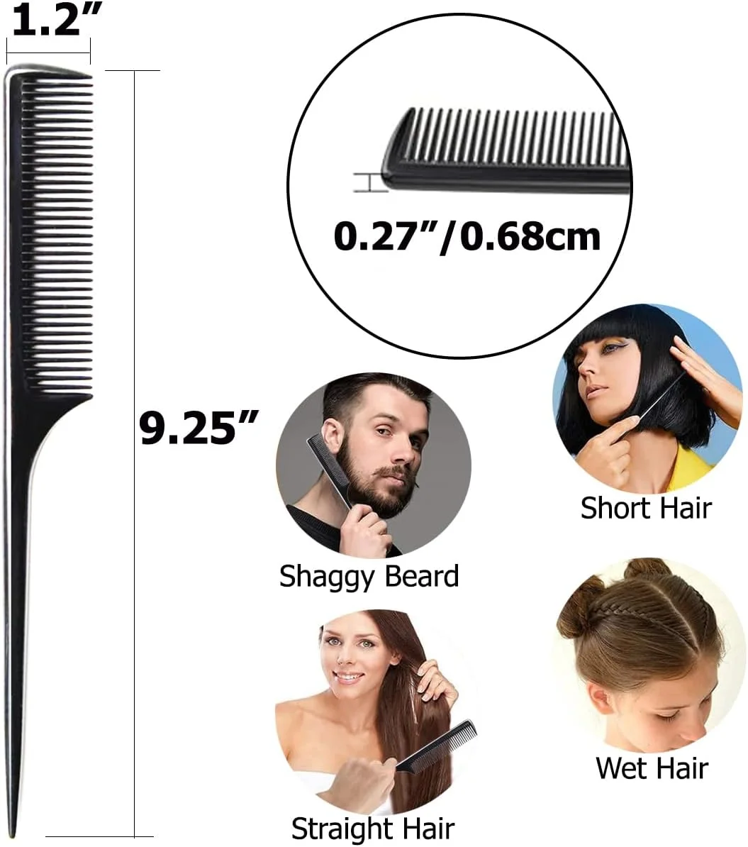 لوکسی (4 عددی) شانه دم موشی مقاوم 9.25 اینچی، شانه مو دندانه ریز با دسته نازک و بلند (مشکی و قهوه ای)