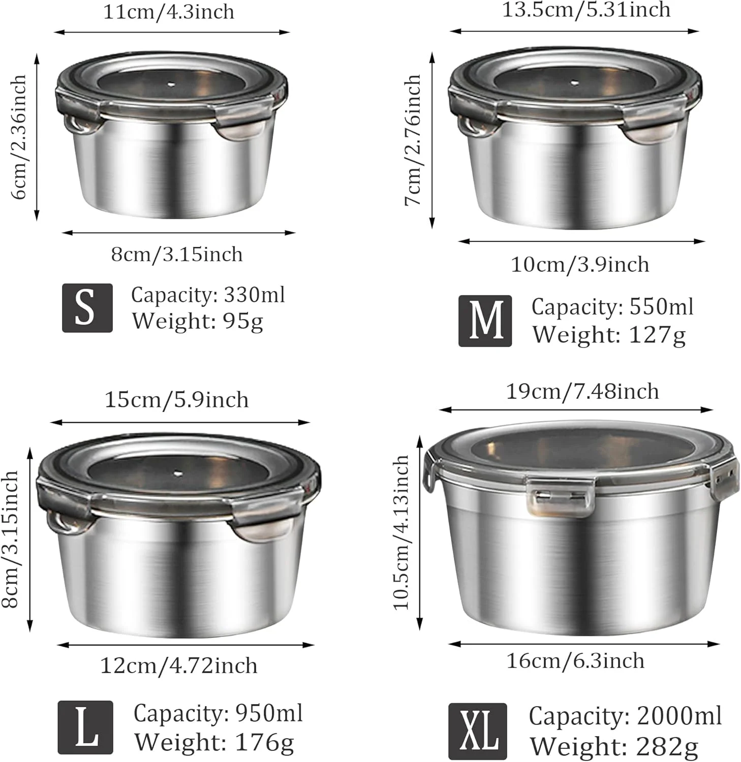 ظروف غذای استیل ضد زنگ Misichao با درب های محکم 4 عددی - ظرف آماده سازی غذا، جعبه ناهار فلزی قابل استفاده مجدد برای آشپزخانه، پیک نیک، بدون BPA، ضد نشت، قابل استفاده در فر، فریزر و ماشین ظرفشویی