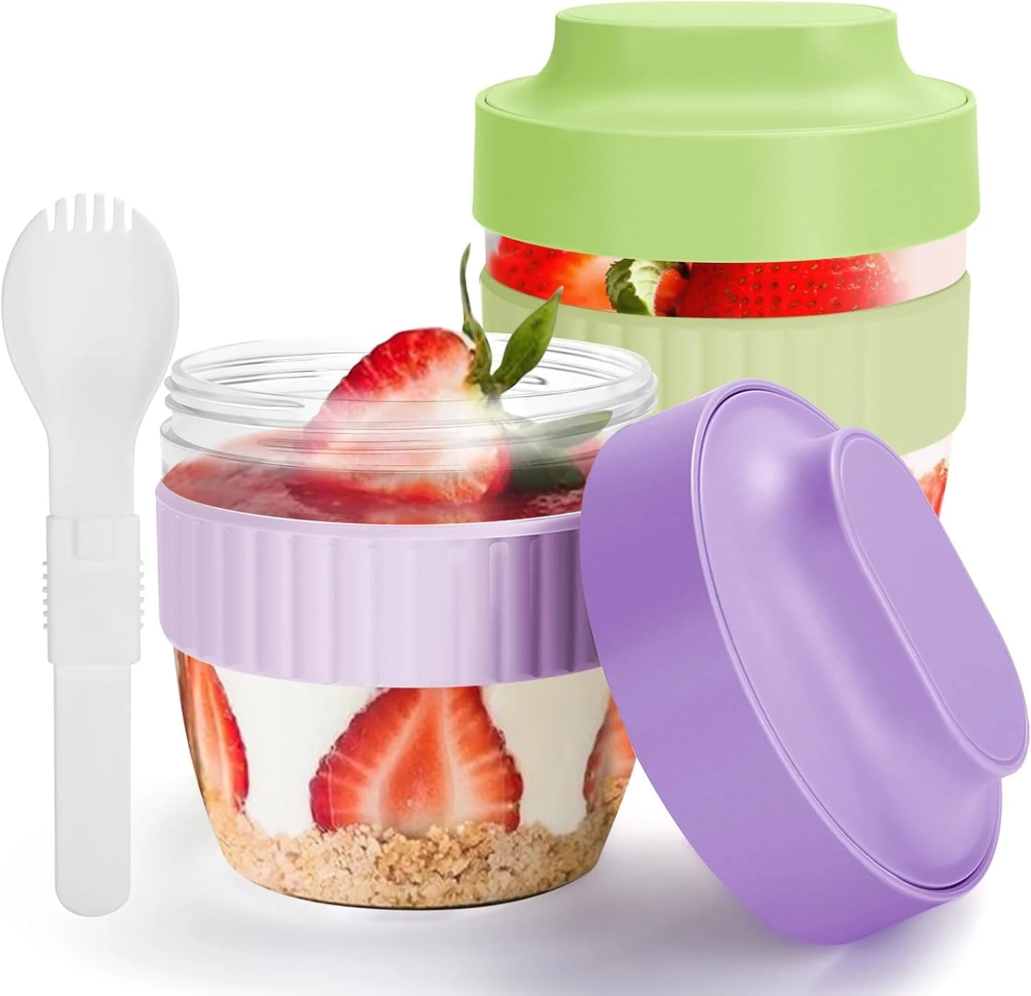ظروف جو دوسر شبانه با درب و قاشق، بسته 2 عددی 473 میلی لیتری، فنجان های ماست پارفه، ظروف جو دوسر، ظروف نگهداری مواد غذایی ضد نشت برای غلات میوه سبزیجات شیر سالاد ماست (بنفش + سبز)