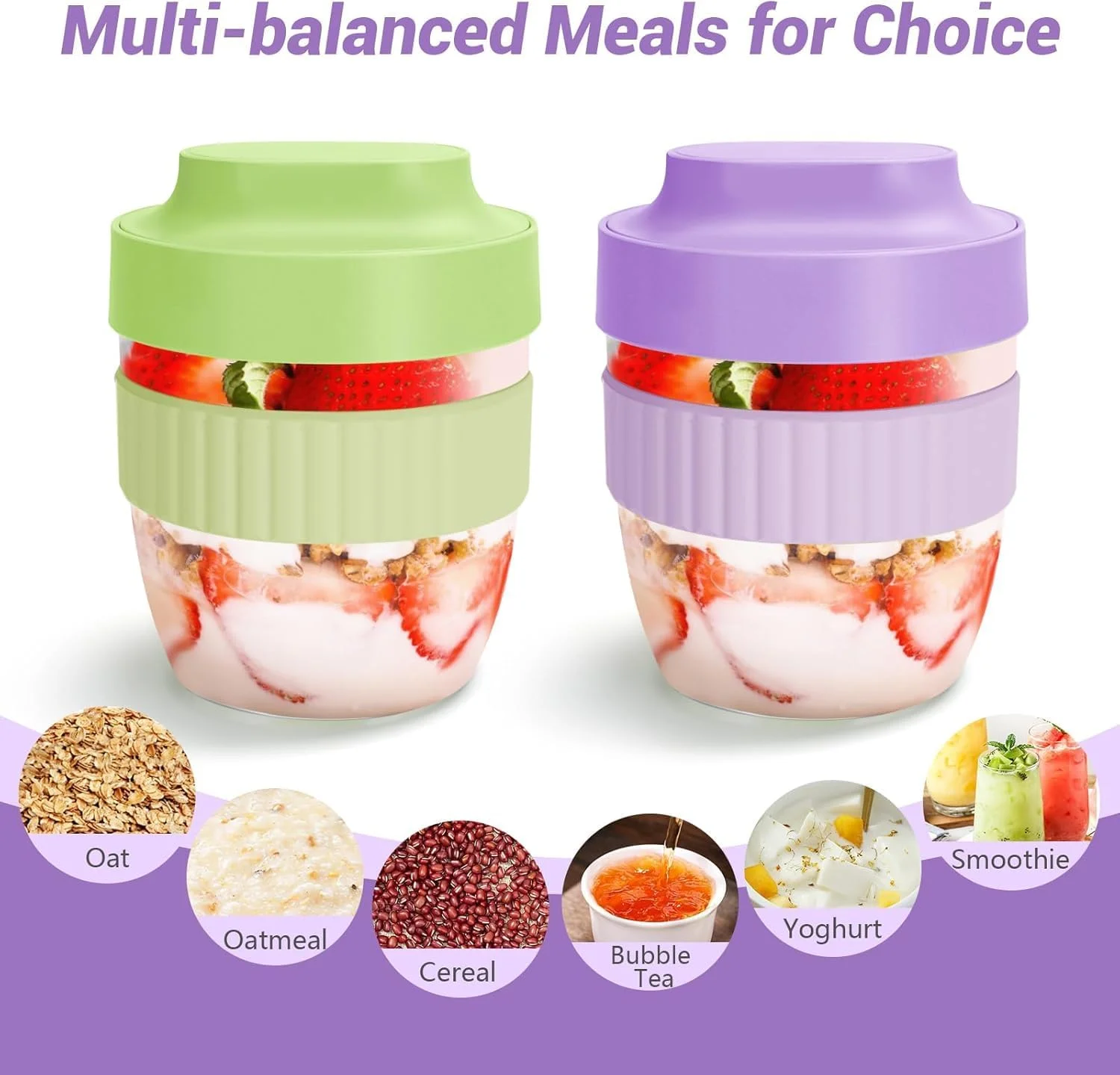 ظروف جو دوسر شبانه با درب و قاشق، بسته 2 عددی 473 میلی لیتری، فنجان های ماست پارفه، ظروف جو دوسر، ظروف نگهداری مواد غذایی ضد نشت برای غلات میوه سبزیجات شیر سالاد ماست (بنفش + سبز)