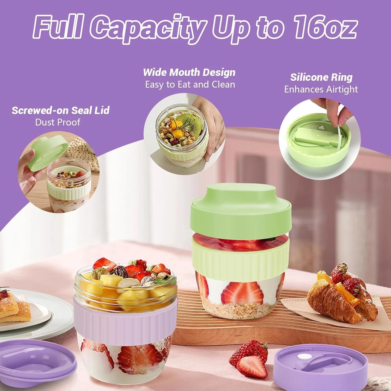 ظروف جو دوسر شبانه با درب و قاشق، بسته 2 عددی 473 میلی لیتری، فنجان های ماست پارفه، ظروف جو دوسر، ظروف نگهداری مواد غذایی ضد نشت برای غلات میوه سبزیجات شیر سالاد ماست (بنفش + سبز)