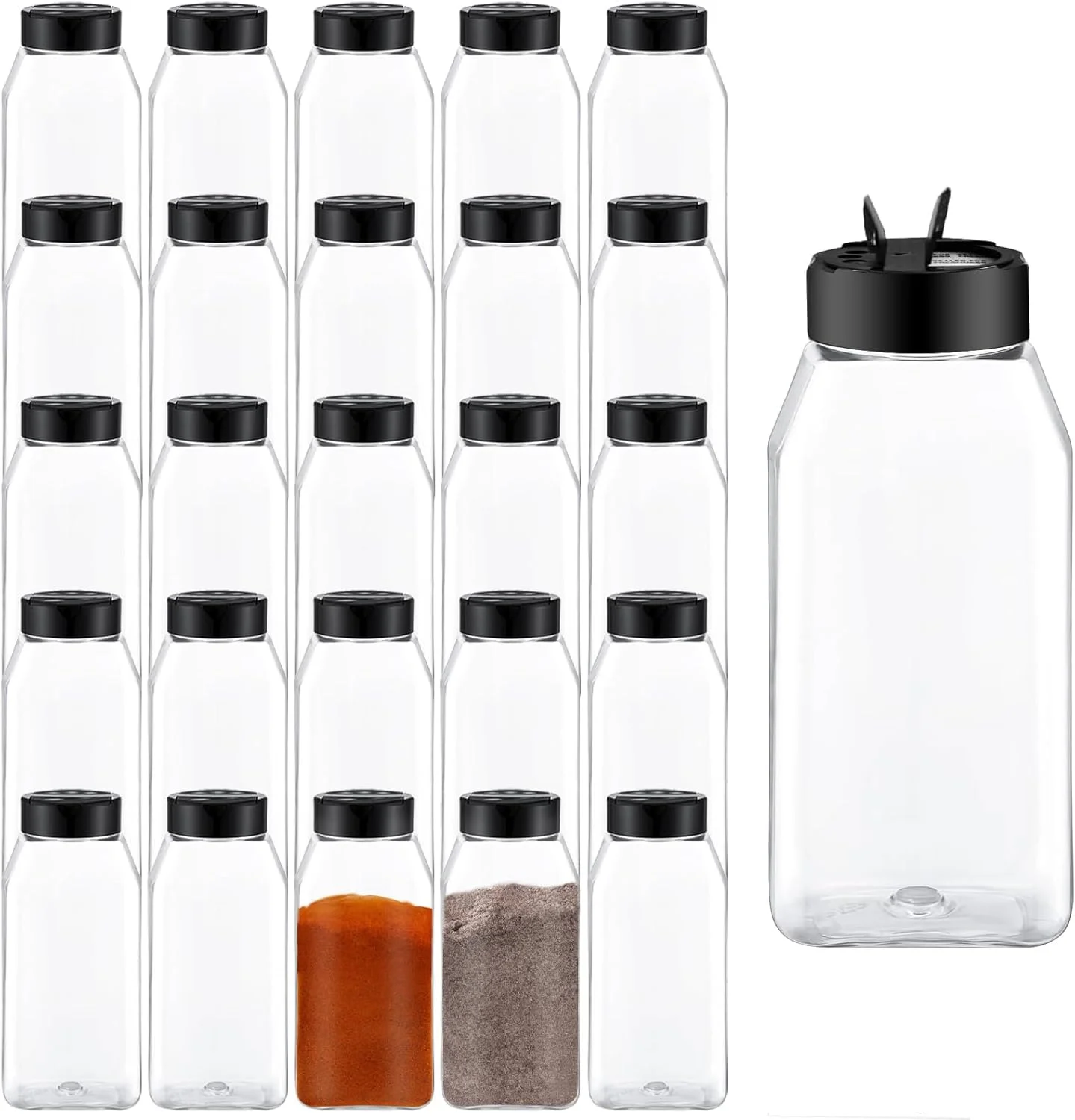 ظروف ادویه پلاستیکی، بطری های ادویه شفاف 470 میلی لیتری با درب مشکی، ظروف خالی چاشنی برای نگهداری ادویه جات، نمک، گیاهان، طراحی بزرگ شیکر، 6 عدد در هر مجموعه