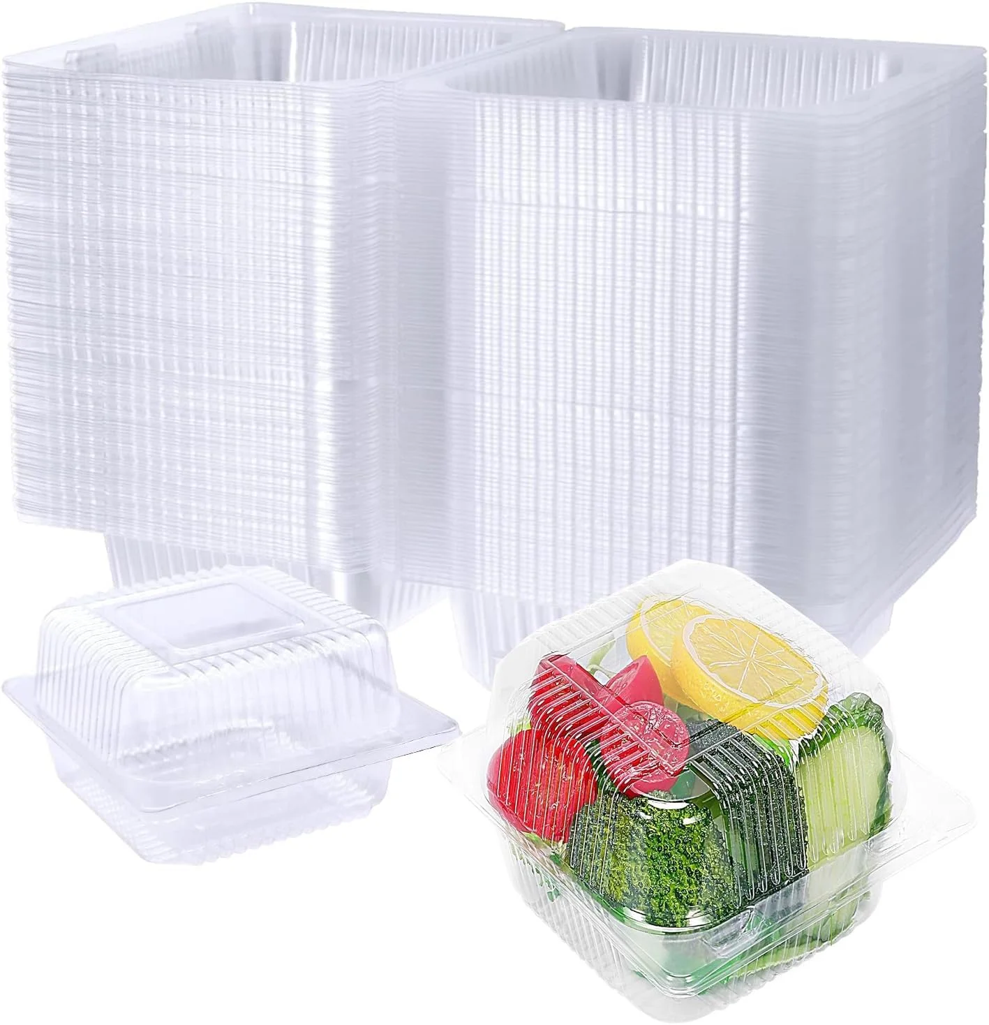 بسته 100 عددی ظرف غذای لولایی مربعی پلاستیکی شفاف، ظروف یکبار مصرف پلاستیکی بیرون بر با درب های شفاف، سینی کیک اسلایس تاشو برای شیرینی، سالاد، دسر (13x12x7 سانتی متر)