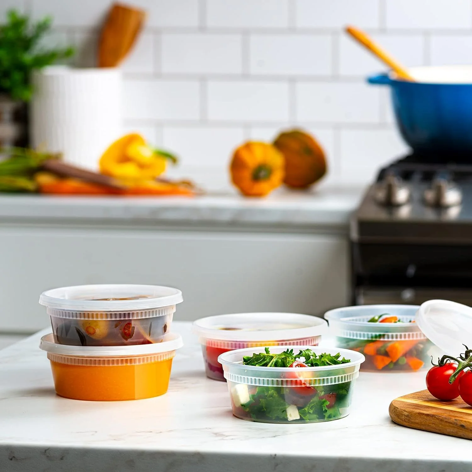 ظروف غذای آماده پریمفی 24 عددی با درب - 250 میلی لیتر (8 اونس)، ظروف پلاستیکی یکبار مصرف برای آماده سازی غذا، ضد نشت، لیوان های نگهداری، ظروف قابل استفاده مجدد برای غذای بیرون بر، فاقد BPA، قابل شستشو در ماشین ظرفشویی، ایمن در مایکروویو