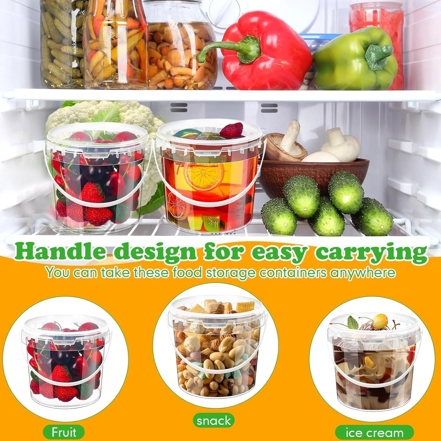 سطل شفاف با درب، ظروف پلاستیکی بستنی با دستگیره، ظرف نگهداری مواد غذایی درب دار برای آشپزخانه، فریزر و مایکروویو، سطل قابل استفاده مجدد برای غذا و نوشیدنی، بسته 10 عددی، 1.2 لیتری