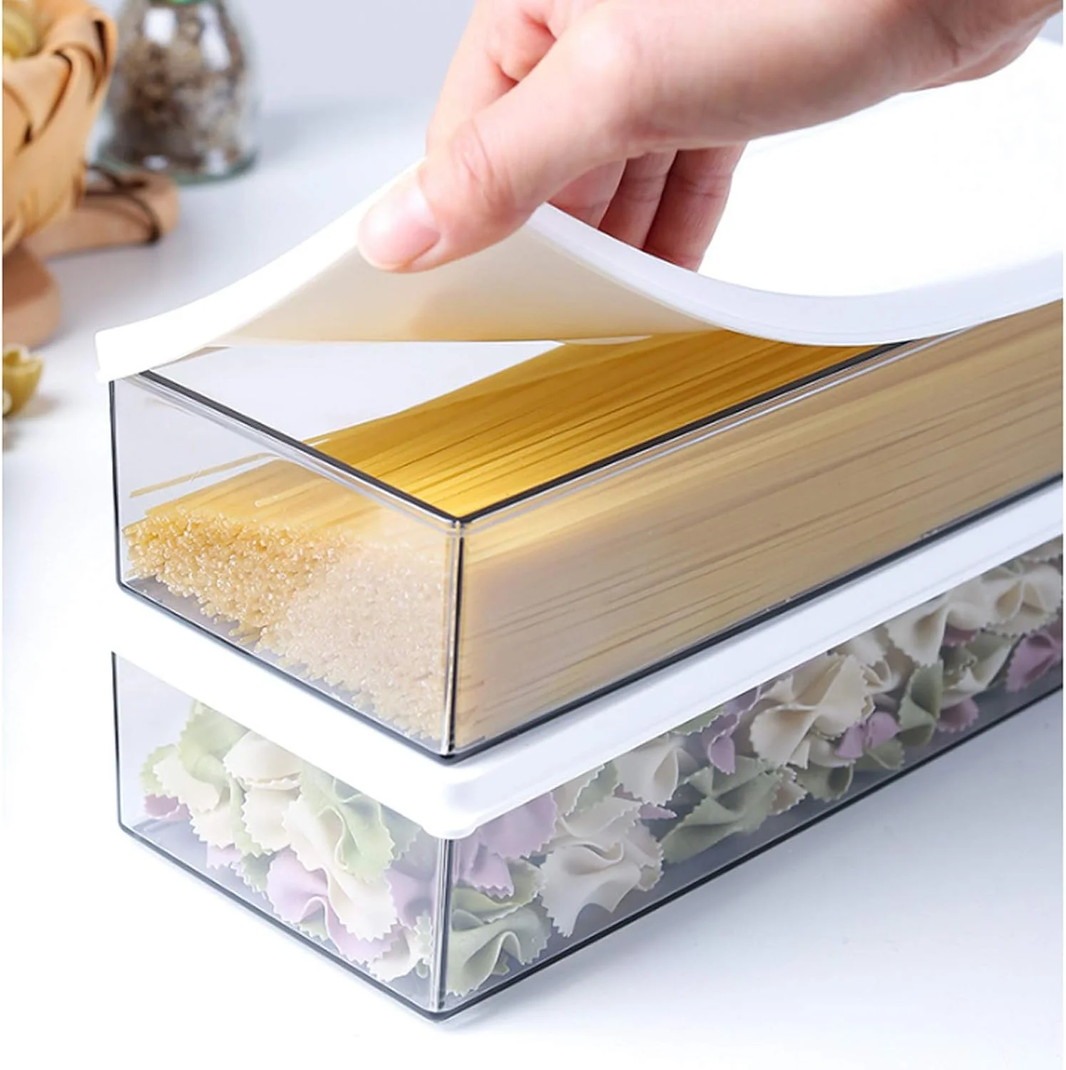 آنکو، ست 2 عددی ظروف نگهداری پاستا پلاستیکی شفاف با درب، ظروف نگهداری اسپاگتی مستطیلی، برای نظم دهی کابینت آشپزخانه