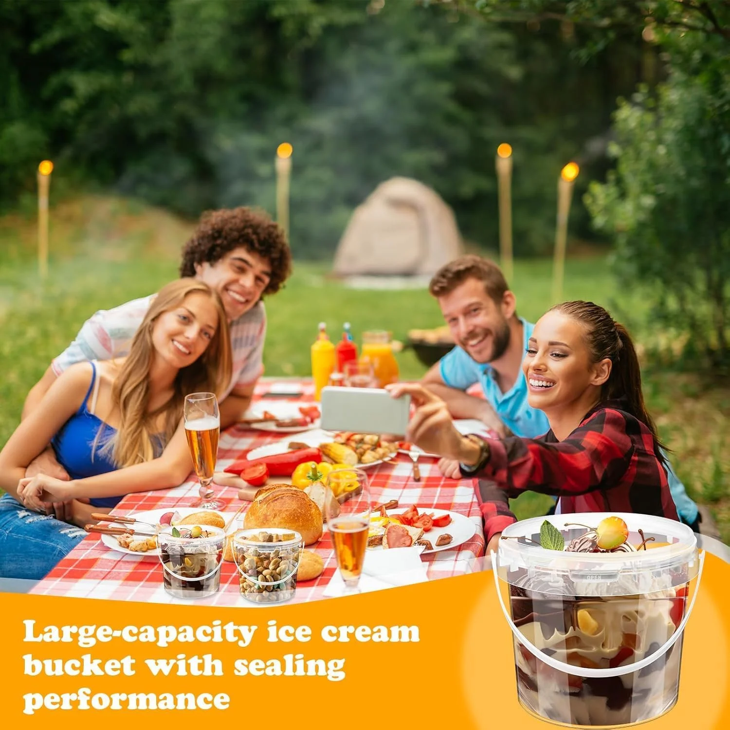 سطل شفاف با درب، ظروف پلاستیکی بستنی با دستگیره، ظرف نگهداری مواد غذایی درب دار برای آشپزخانه، فریزر و مایکروویو، سطل قابل استفاده مجدد برای غذا و نوشیدنی، بسته 10 عددی، 1.2 لیتری