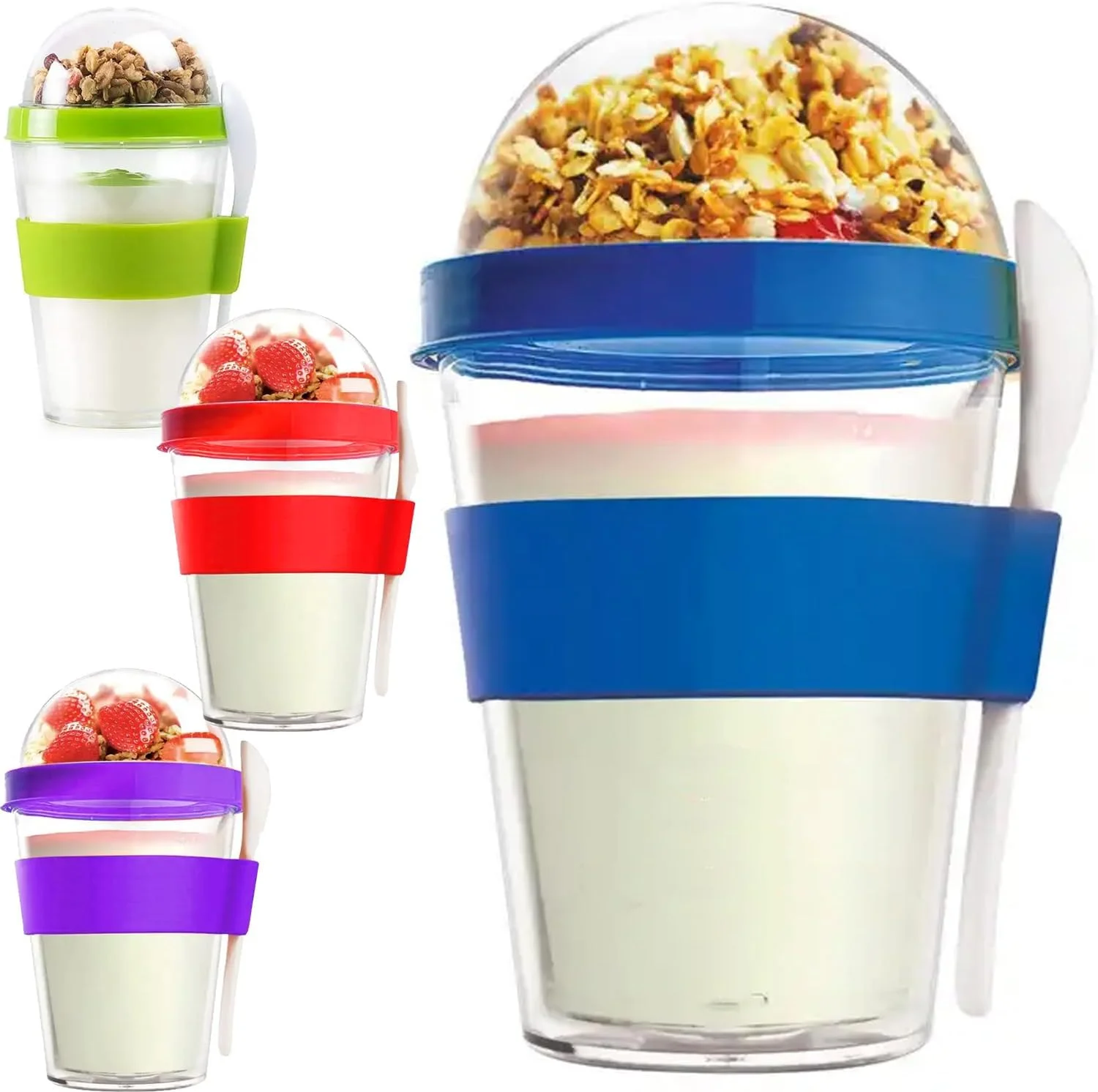 ظرف جو دوسر پرمایف، 4 عدد لیوان پارفه دو جداره با درب و قاشق، 450 میلی لیتر، ظروف پلاستیکی قابل استفاده مجدد برای ماست/صبحانه در حال حرکت، ظرف شیر/صبحانه بلغور جو دوسر/لیوان اسموتی