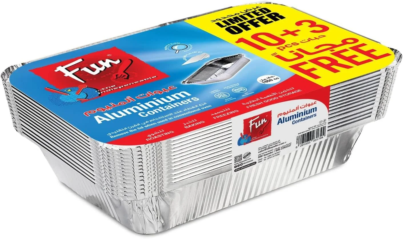 ظرف آلومینیومی همراه با درب فان پرومو پک 1850 سی سی - جعبه غذا - ظرف نگهداری غذا - بیرون بر (10 عدد + 3 عدد رایگان)