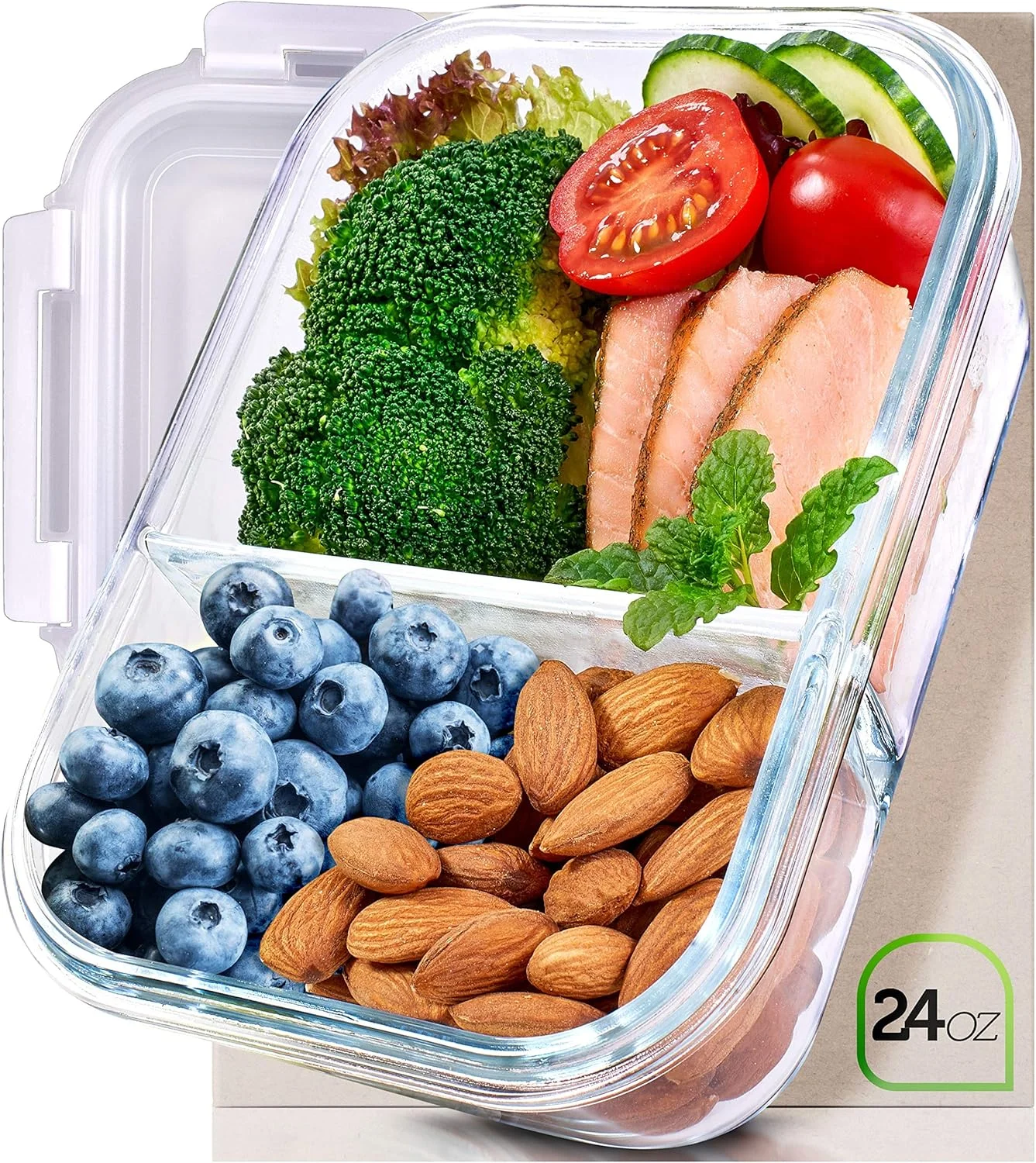 ظروف شیشه ای دو قسمتی Prep Naturals - ظروف نگهداری غذا شیشه ای با درب - ظروف ناهار شیشه ای تقسیم شده ظرف غذا 710 میلی لیتر